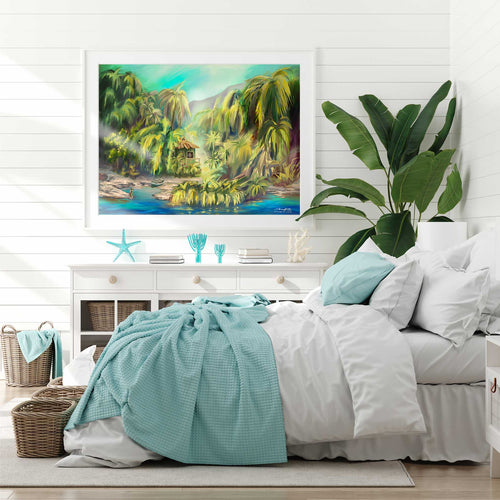 A painting of a tropical paradise hangs on the wall of a beautiful bedroom.