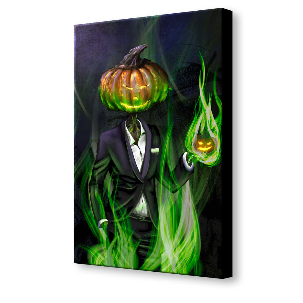 A canvas print of a Pumpkinhead Man  holiding a mini-jack o'lantern in his hand.  The Pumpkin-headed man wears a tuxedo.  Green, magical fire swirls around them.