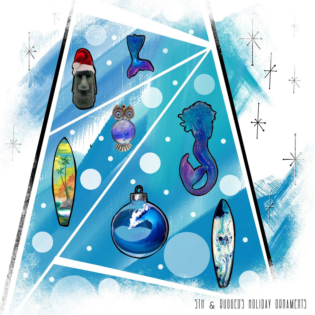 Vibrant coastal Christmas decorating ideas, featuring surfboard Christmas ornaments, blue and white Christmas ornaments with rolling ocean waves, and more beach themed Christmas decor.