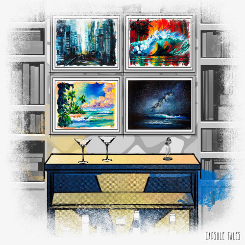 xplore 5th & Rugged's 'Capsule Tales' collection - a series of small, hand-painted impressionist artworks, capturing serene beaches to bustling urban scenes.