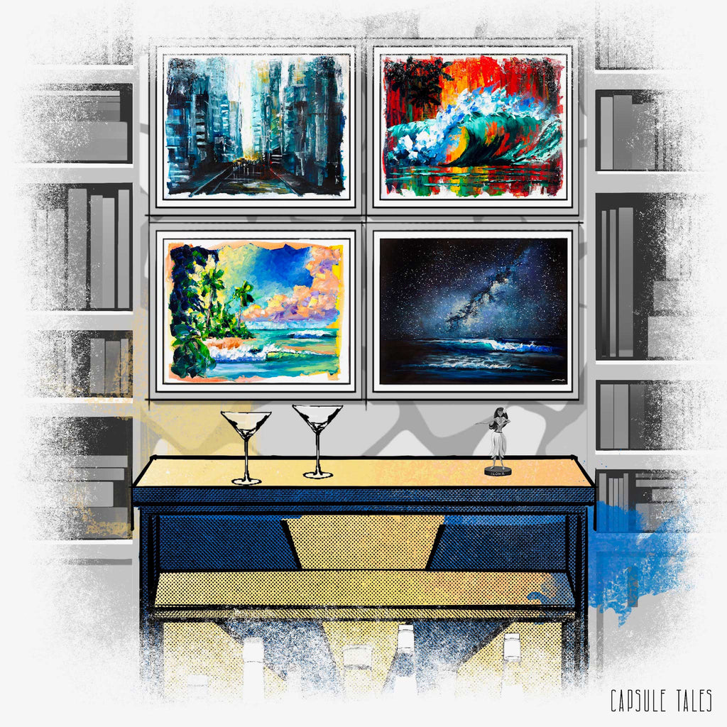 xplore 5th & Rugged's 'Capsule Tales' collection - a series of small, hand-painted impressionist artworks, capturing serene beaches to bustling urban scenes.