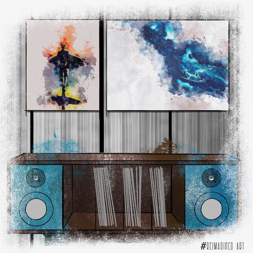 Explore '#reimagined Art' at 5th & Rugged - affordable modern art prints, showcasing vibrant colors and dynamic designs in lively illustrated scenes of surfers, the beach, and surfing the blue sea, all in a modern, impressionist style.