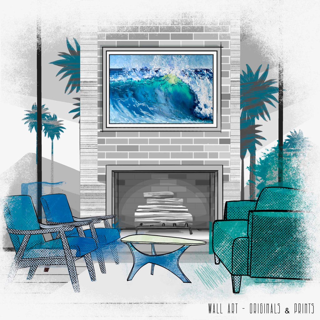 A vibrant blue ocean artwork hangs above a mantel in mid-century living room. It is the perfect addition to any decor—the bright colors instantly enliven a room and can easily be matched with furniture and accessories.