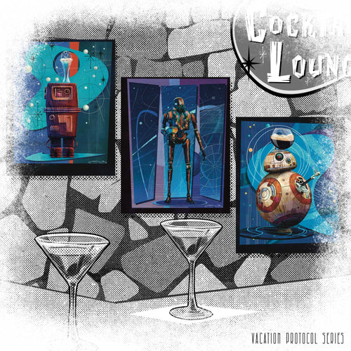 Three mid-century modern–style droid artworks displayed above a retro stone bar with martini glasses and a “Cocktail Lounge” sign — part of the Vacation Protocol Series by 5th & Rugged.