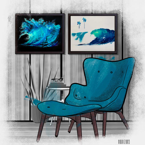 A vibrant blue and green ocean wave painted in an abstract style with palette knives on a black background