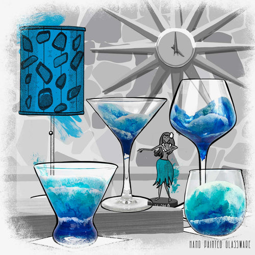 A selection of ocean and beach-themed, hand painted glassware - Martini Glasses and Wine Glasses