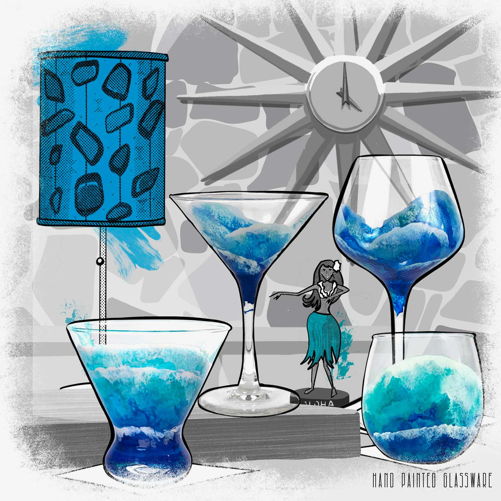 A selection of ocean and beach-themed, hand painted glassware - Martini Glasses and Wine Glasses