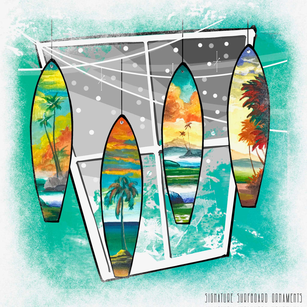 A hand painted surfboard ornament featuring a tropical scene with rolling waves and a mid-century travel poster palette hanging from a Christmas Tree
