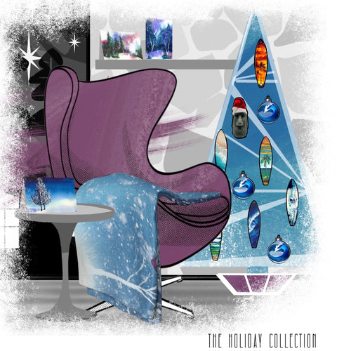 Collection of chill coastal Christmas decorating ideas, featuring hand-painted surfboard Christmas ornaments, mermaid decor for a party or celebration, blue and white Christmas ornaments with rolling ocean waves, and more beach themed Christmas decor.