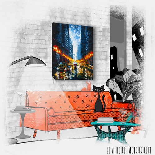 Vibrant skyscrapers illuminated in a colorful cityscape—5th & Rugged's Luminous Metropolis collection captures the energy of urban art.