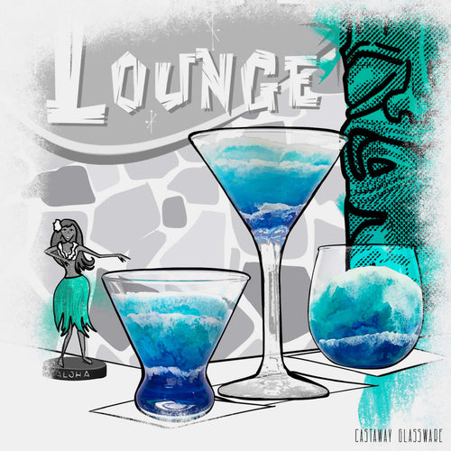 Beautiful set of blue and white hand-painted cocktail glasses with layers of ocean waves washing up a beach, seen from a birds eye view.