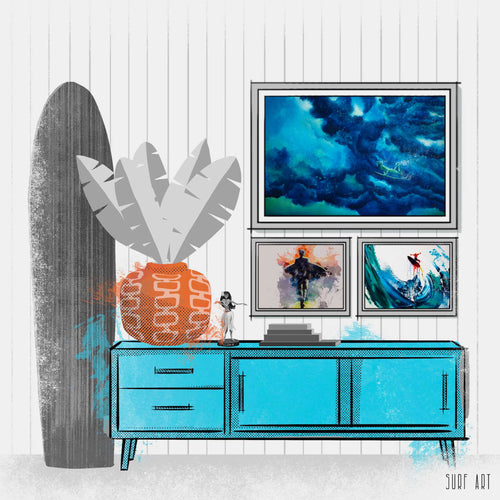 An impressionist painting of a surfer walking down to the beach under a glowing sunset sky