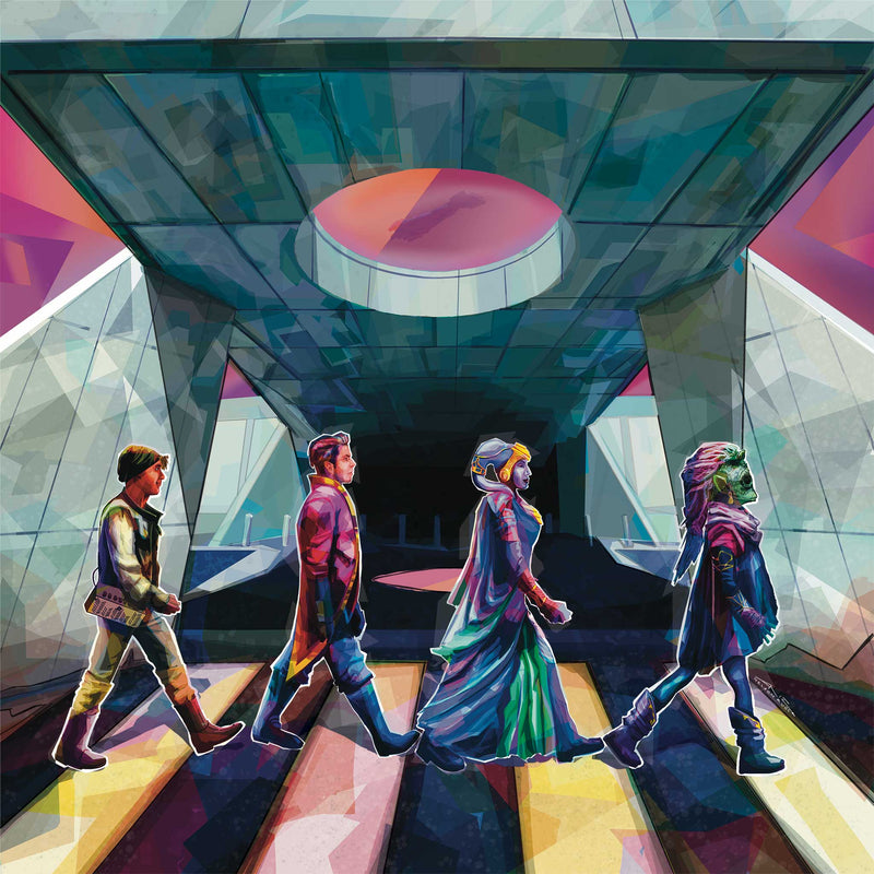 Abstract Impresionist Artwork of characters from the Star Wars Galactic Starcruiser experience (Sando, Raithe Kole, Gaya, and Ouanni, posed like in the Beatles' album cover from Abbey Road, featuring the entrance to the Starcruiser behind them.