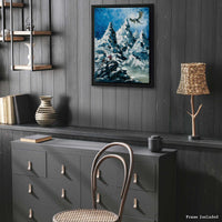 Fantasy wall art featuring a dragon and lone warrior in a dramatic mountain landscape.