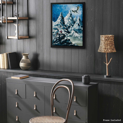 Fantasy wall art featuring a dragon and lone warrior in a dramatic mountain landscape.