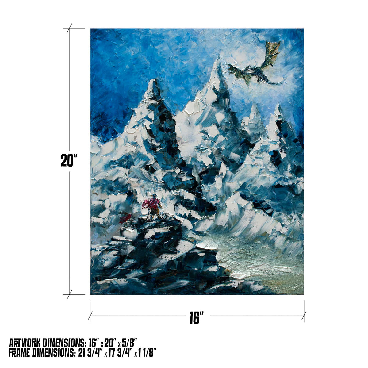 Fantasy wall art featuring a dragon and lone warrior in a dramatic mountain landscape.