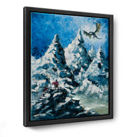 Oil painting of a warrior climbing a snowy mountain toward a dragon flying above the peaks, inspired by Skyrim.