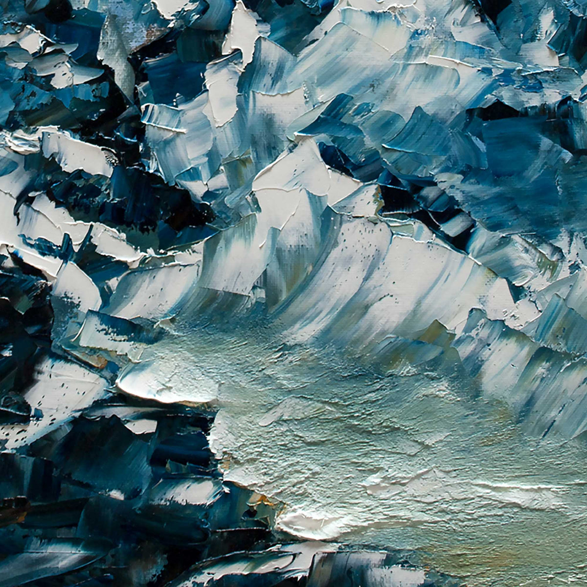 Thick palette knife texture showing snow and rock detail in the mountain scene.