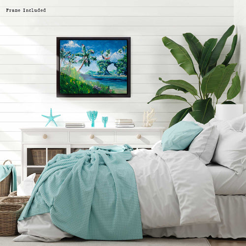 Coastal bedroom decor with framed tropical painting on white shiplap wall.