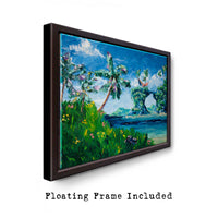 Palette knife oil painting in floating black frame — tropical seascape art.