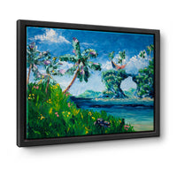 Original tropical fantasy oil painting of a palm-covered island by Nelson Ruger.
