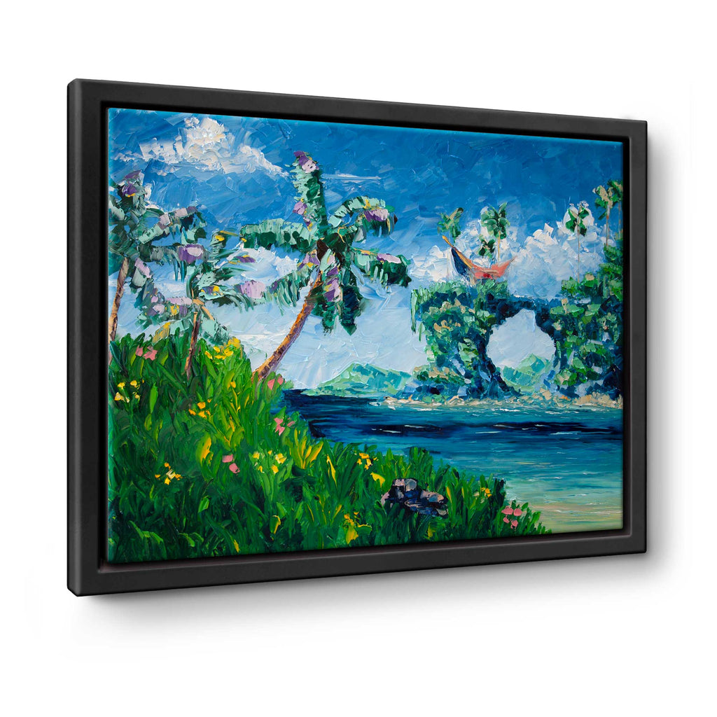 Original tropical fantasy oil painting of a palm-covered island by Nelson Ruger.