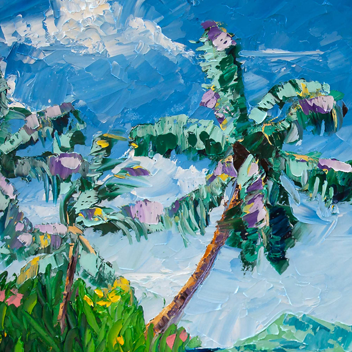 Close-up of palm trees and foliage texture in palette knife oil painting.