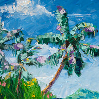 Close-up of palm trees and foliage texture in palette knife oil painting.