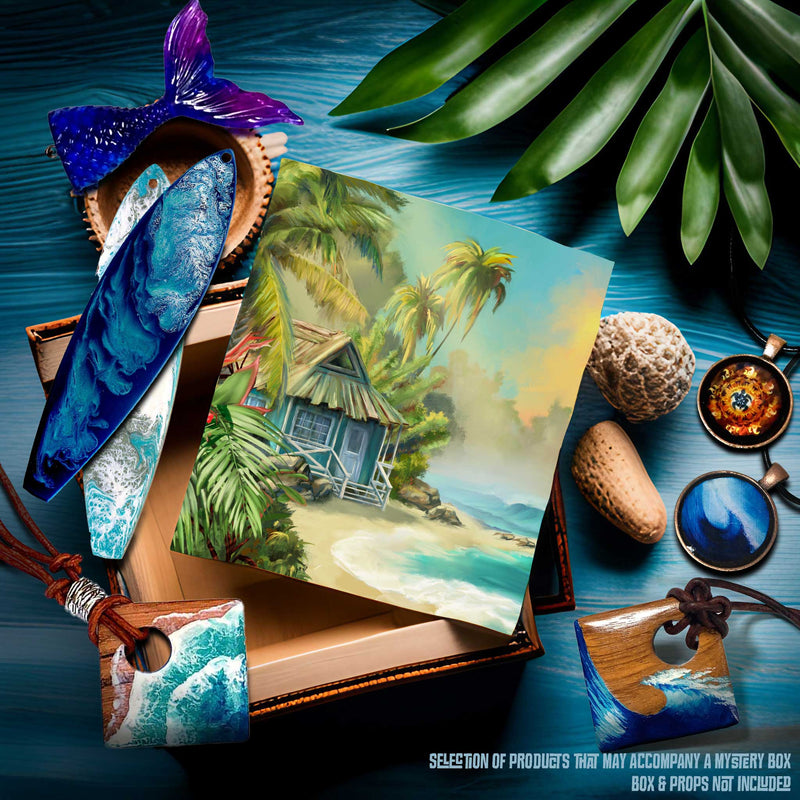 Variety of items from the Secrets of the Lost Lagoon Mystery Box, including handmade accessories, paper prints, and original art on paper, capturing the charm of the coastline and the mystery of the sea.