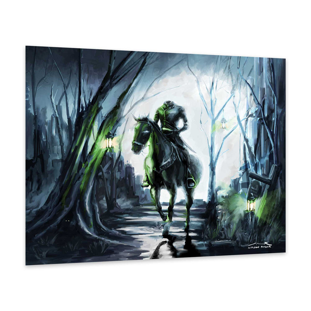 Headless Horseman riding a black horse on a haunted forest path in 'The Hollow Road vol.3' Limited Edition Print by Nelson Ruger.