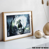 Glowing-eyed horseman on a moonlit path surrounded by dead trees and ruins, an exclusive Halloween Art by 5th & Rugged.