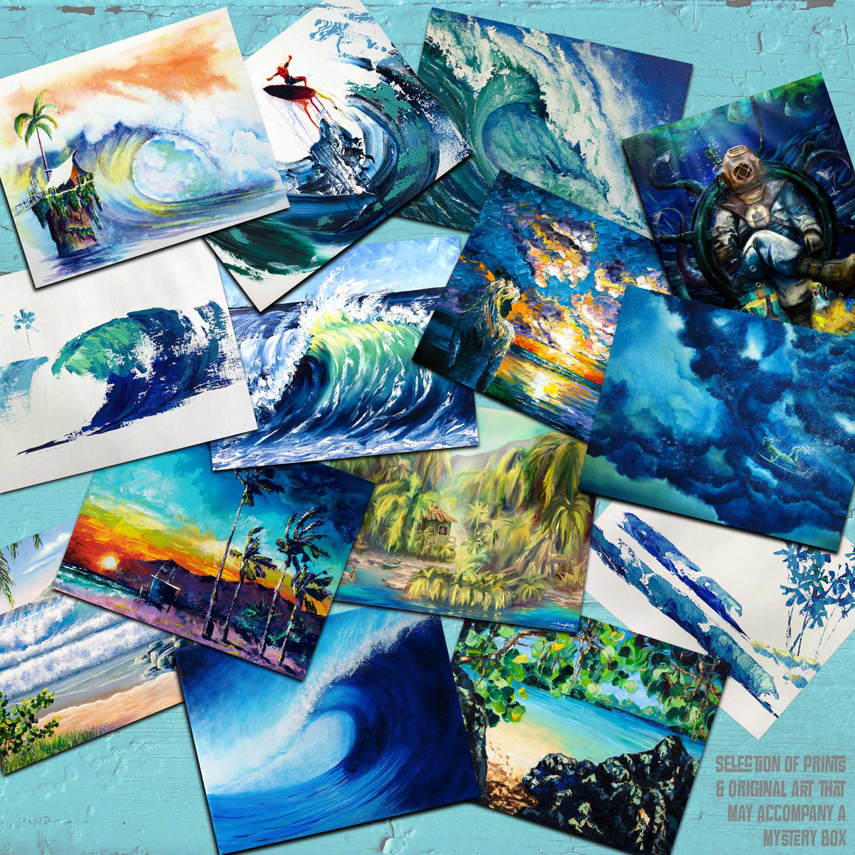 Original paper prints and hand-painted art pieces from 5th & Rugged's Secrets of the Lost Lagoon Mystery Box.