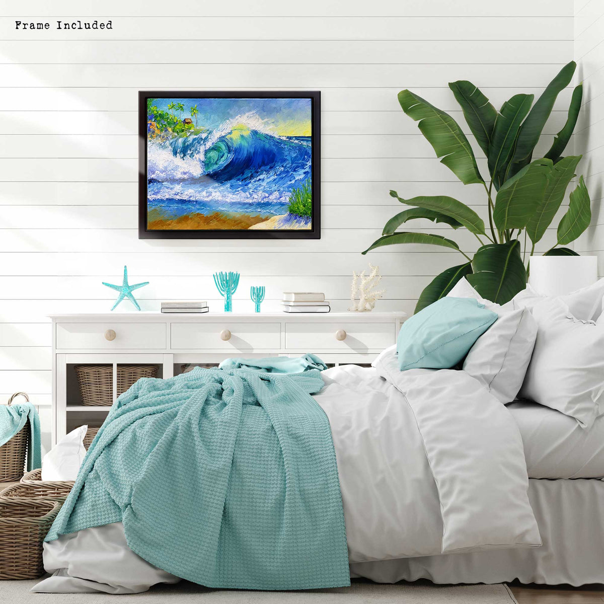 Coastal bedroom decor featuring framed ocean wave painting on white shiplap wall.