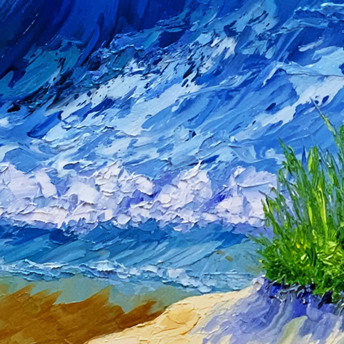 Close-up of palette knife texture showing wave and shoreline detail in Typical Thursday v2.
