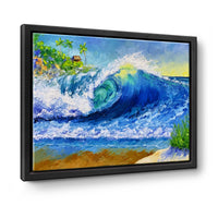 Original oil painting of a crashing ocean wave with a surf shack in the distance, by Nelson Ruger.