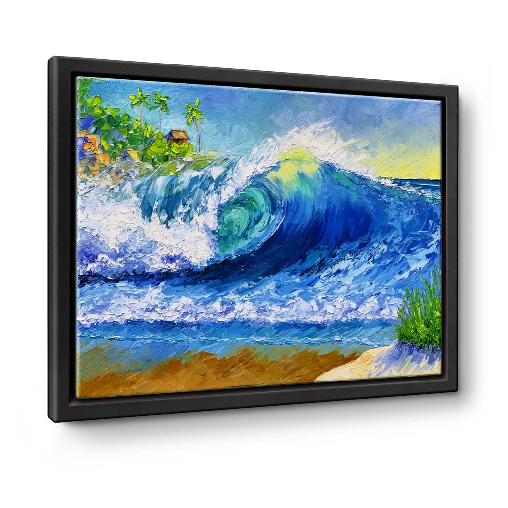 Original oil painting of a crashing ocean wave with a surf shack in the distance, by Nelson Ruger.