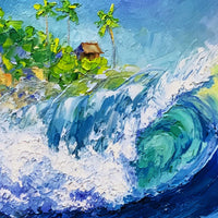 Detail of surf shack and palm trees above crashing wave in Typical Thursday v2 painting.