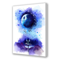 Star Wars watercolor art print featuring Rey, BB-8, starfighters, and the Death Star