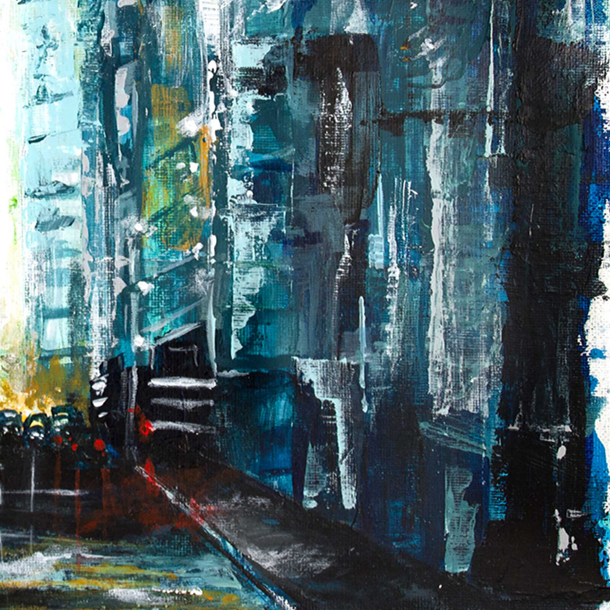 Detail of layered acrylic brushstrokes in blue and teal abstract city skyline painting