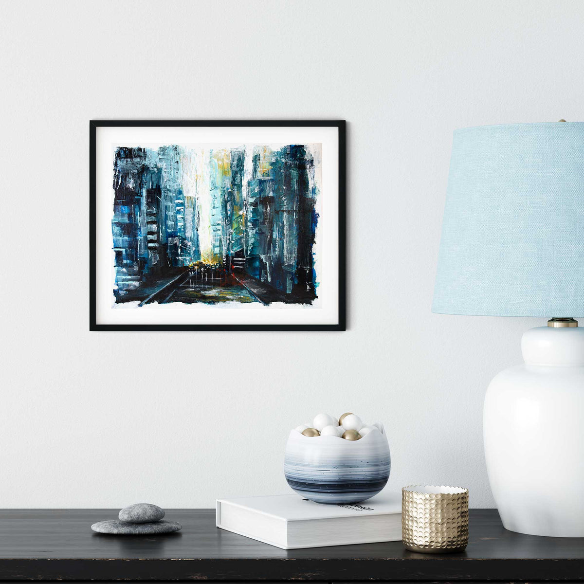 Framed abstract cityscape painting in modern interior with neutral decor and minimalist styling