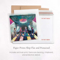ABY Road art print packaging showing flat mailer foamcore backing chipboard protection and protective sleeve