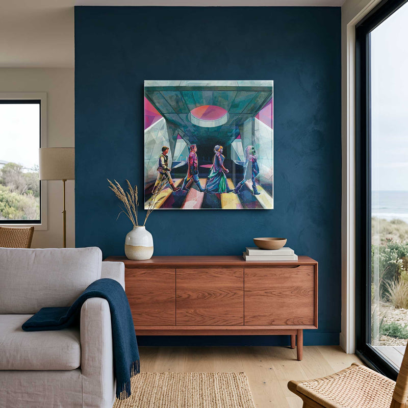 ABY Road Starcruiser art print displayed on deep blue wall in modern coastal interior with ocean view