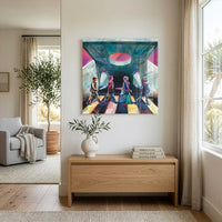 ABY Road Starcruiser art print displayed in modern coastal living room above wood console table