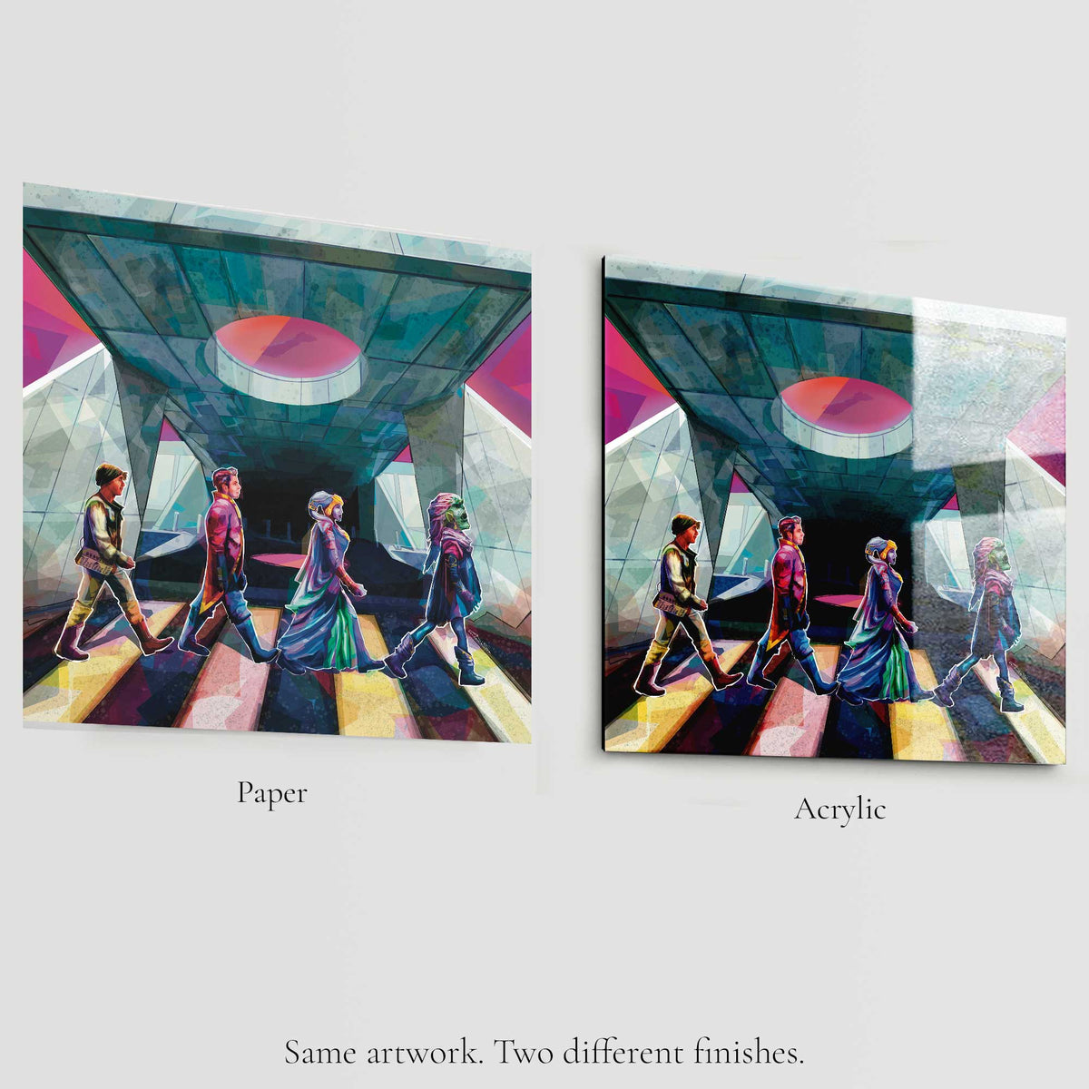 ABY Road Starcruiser art print comparison showing paper vs acrylic finish with scoundrel ensemble characters