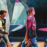 Close-up detail of Sandro and Raithe Kole walking across crosswalk in ABY Road Starcruiser artwork