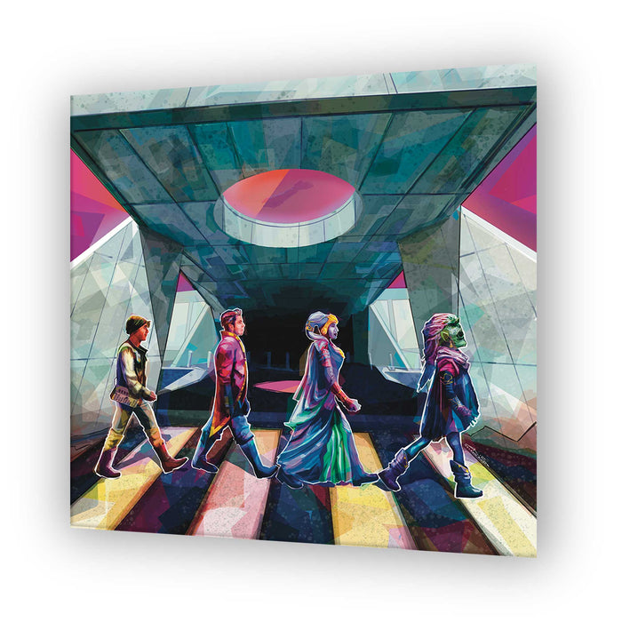 ABY Road Starcruiser scoundrel ensemble art print featuring Sandro, Raithe (Justin Beard), Gaya (Bri) and Ouannii crossing the entrance to the Galactic Starcruiser