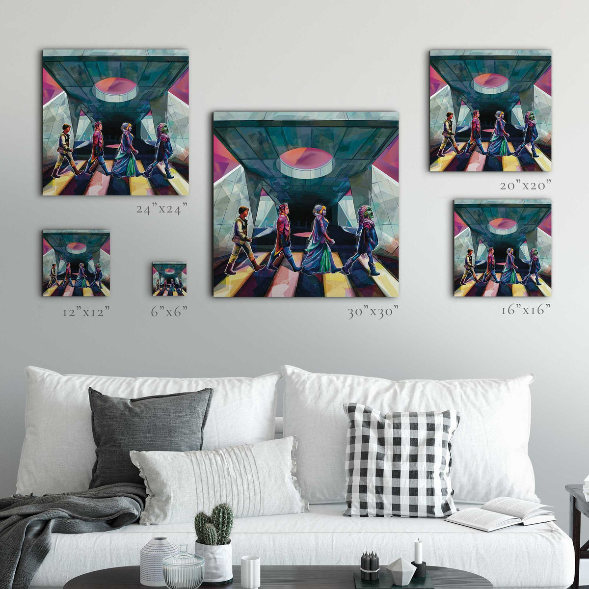 Galactic Starcruiser fan artwork of Raithe, Gaya, Sandro and Ouanni, shown in multiple sizes on wall for scale reference