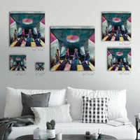 Galactic Starcruiser fan artwork of Raithe, Gaya, Sandro and Ouanni, shown in multiple sizes on wall for scale reference