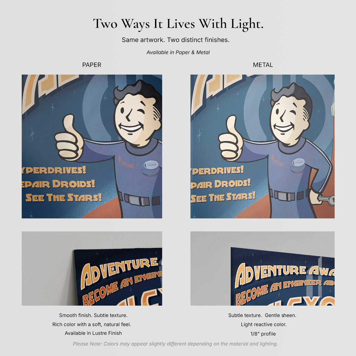 Adventure Awaits Sammie artwork comparison showing paper and metal print finishes and edge detail
