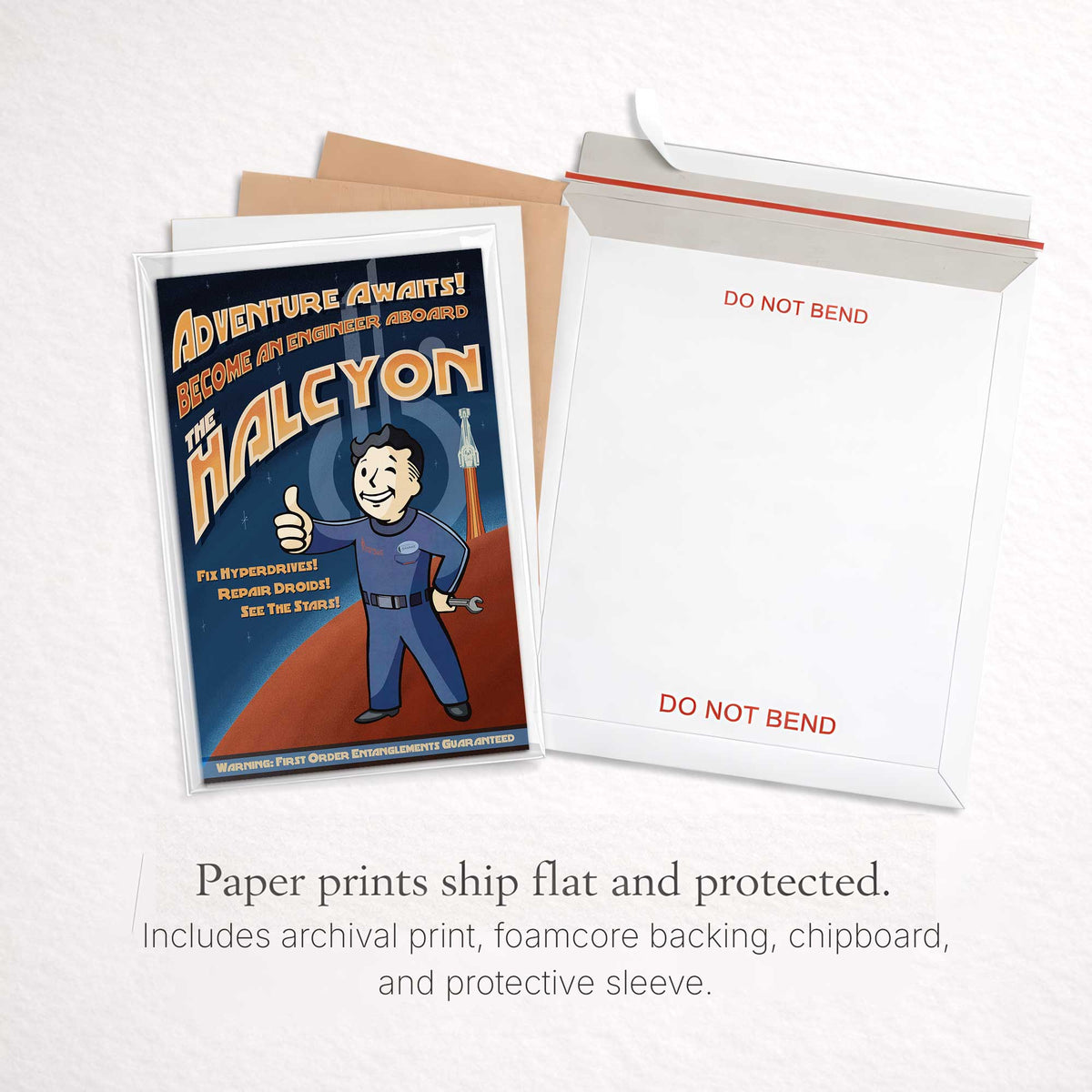 Adventure Awaits paper print packaged flat with protective sleeve backing boards and rigid mailer